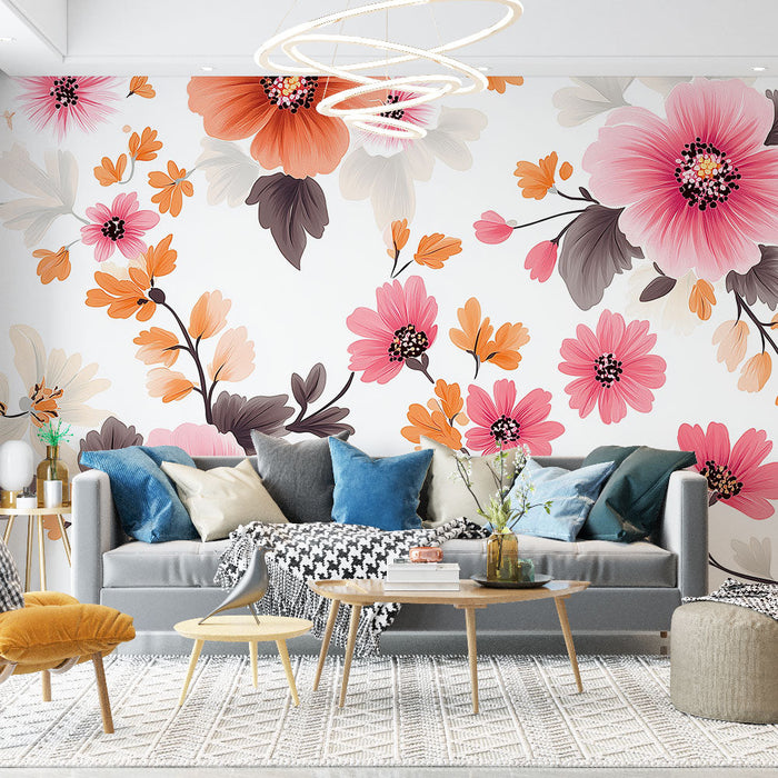 Fototapet | Farverigt blomster mønster i nuancer af pink og orange