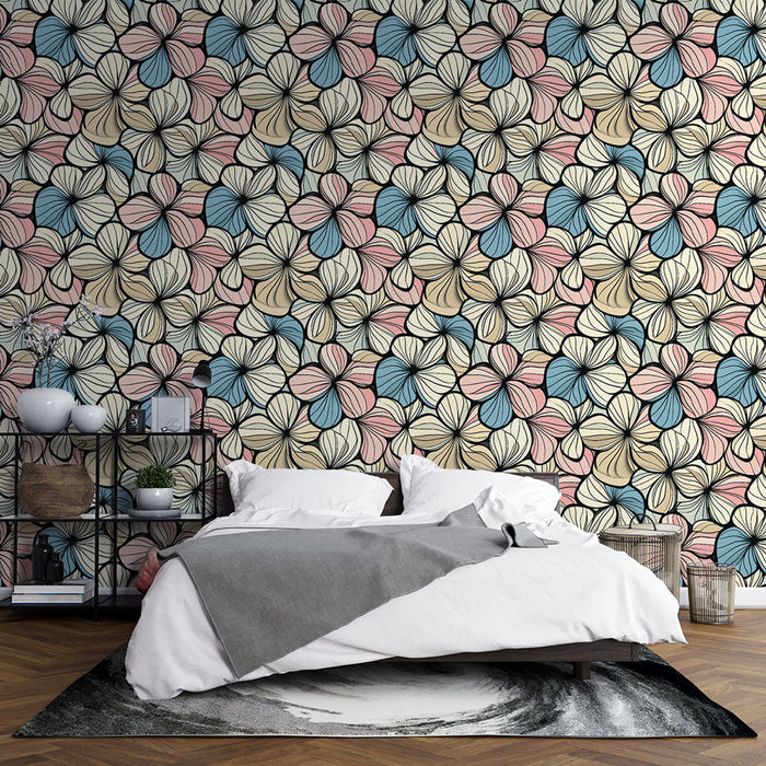 Fototapet cvetlični | Barvit vzorec nežnih cvetov v roza, modri in bež barvi