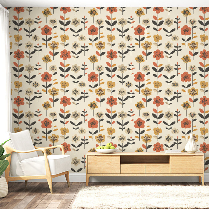 Blommig Fototapet | Färgstarkt blommönster på en cremefärgad bakgrund