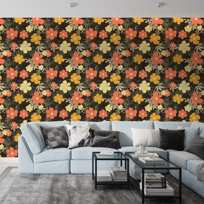 Kukkakuvioinen tapetti | Värikäs kukkakuvio tummalla taustalla