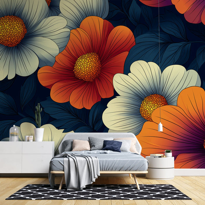 Mural Wallpaper floral | Fargerikt blomstermønster på mørk bakgrunn