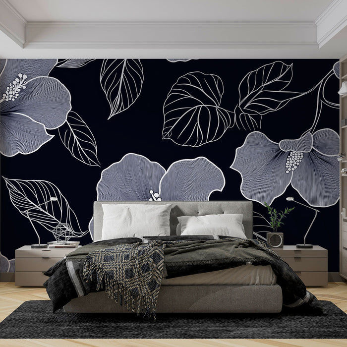 Falfestmény tapéta virágos | Hibiszkusz minta fehér körvonalakkal fekete háttéren