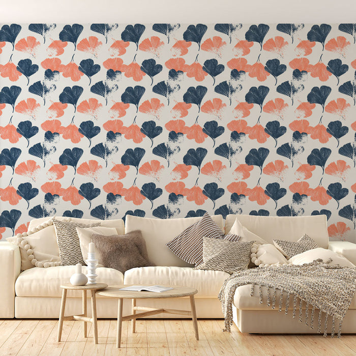 Papel pintado floral | Patrón de hojas en azul marino y coral sobre fondo claro