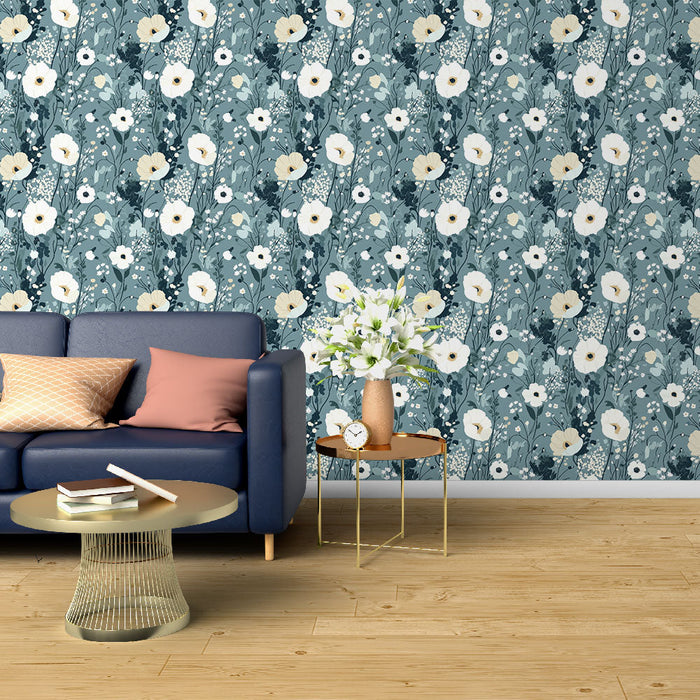 Fotó tapéta virágmintával | Fehér és kék virágmintás szürke háttéren