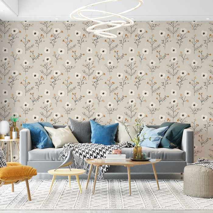 Tapeta s květinovým motivem | Bílý a zlatý květinový vzor na béžovém pozadí