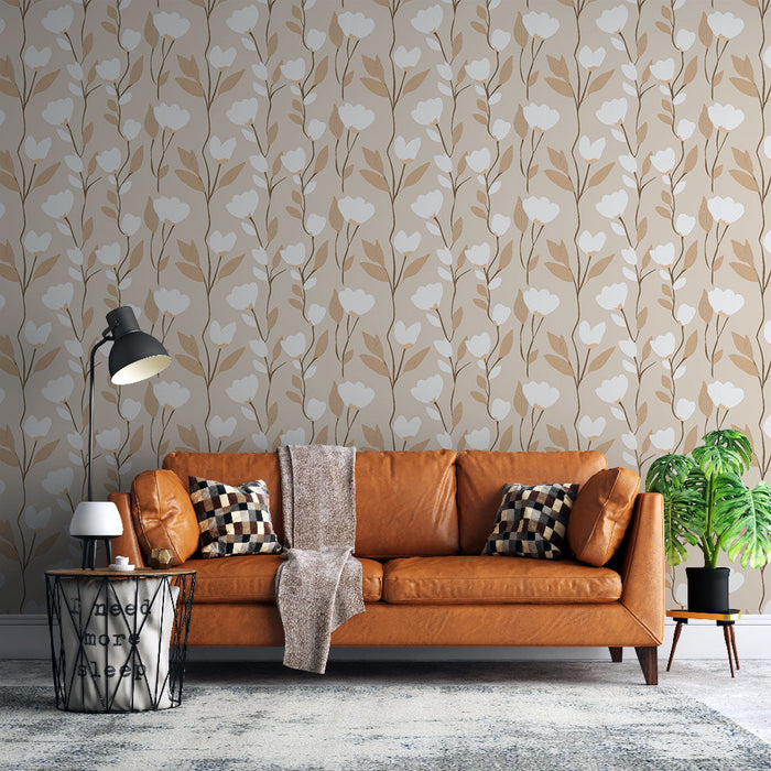 Carta da parati murale floreale | Motivo di fiori bianchi su sfondo beige