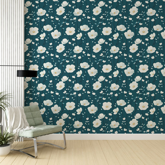 Mural Wallpaper floral | White flower pattern on a blue background