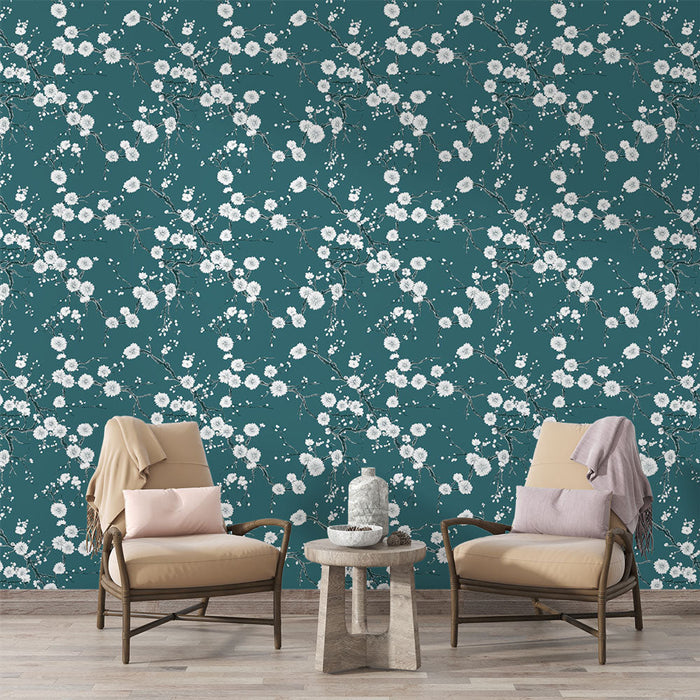 Fototapet blomstret | Hvid blomstermønster på teal baggrund