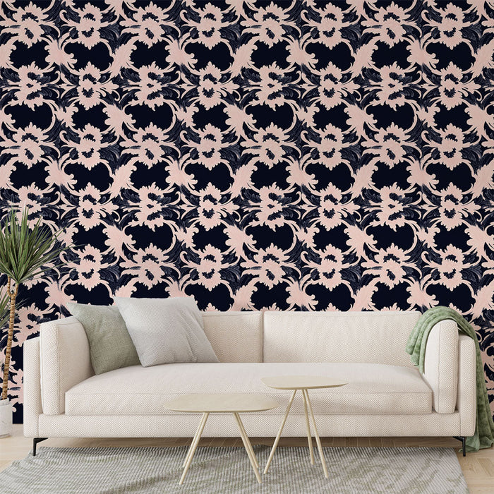 Цветен тапет с цветя | Бял цветен модел на тъмносин фон