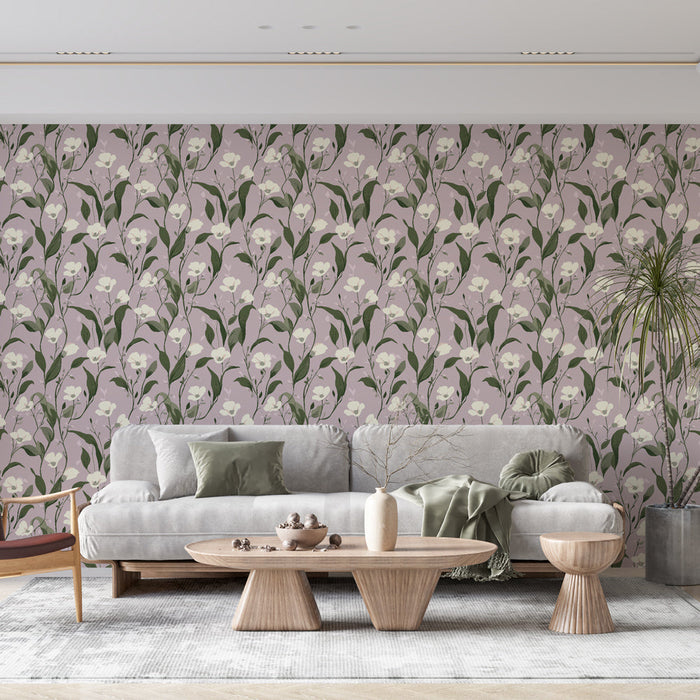 Foto Behang bloemen | Wit bloemmotief op een paarse achtergrond