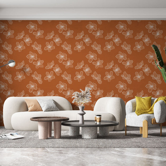 Tapete Blumenmuster | Weißes Blumenmotiv auf Terrakotta-Hintergrund