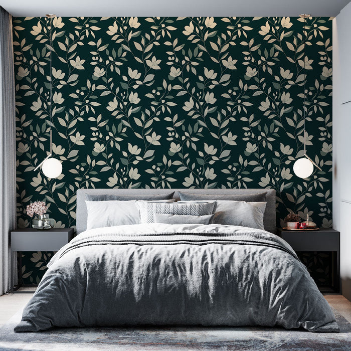 Tapet floral cu motive florale | Motiv de flori albe pe fundal verde închis