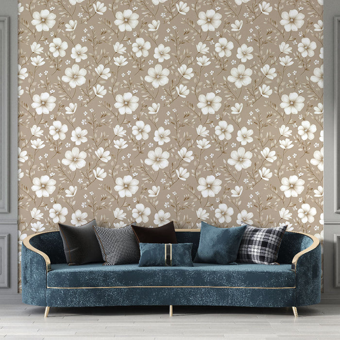 Tapet mural floral | Model de flori albe pe un fundal bej