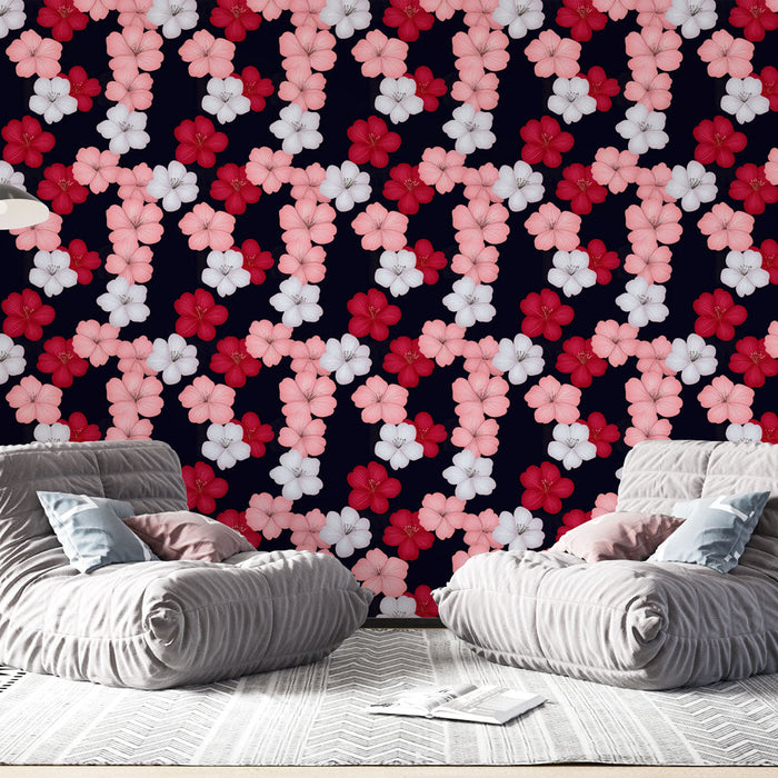 Fototapet çiçekli | Siyah zemin üzerinde renkli çiçek deseni