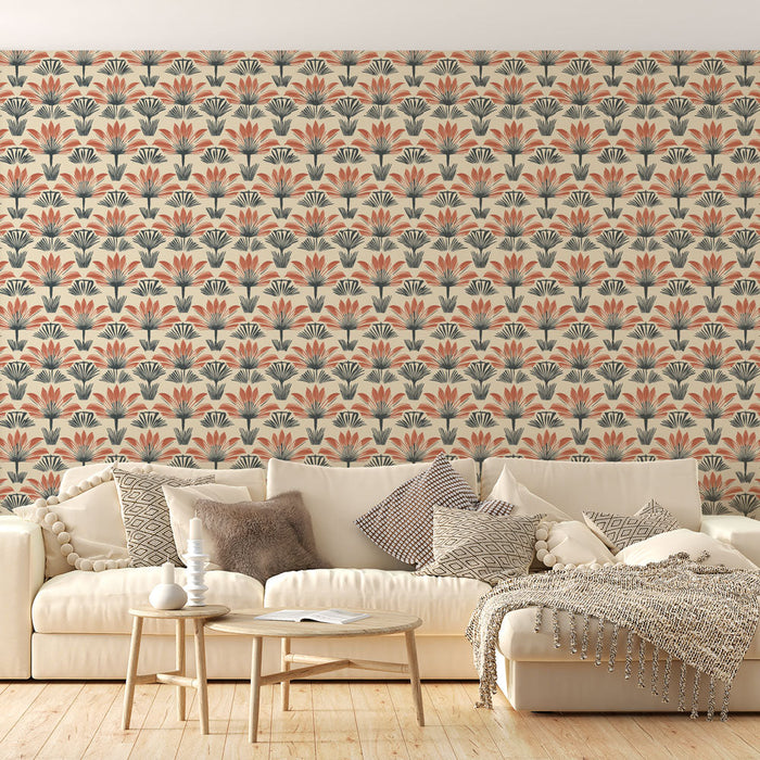 Floral Mural Wallpaper | Коралов цветен модел и елегантни листа на кремав фон