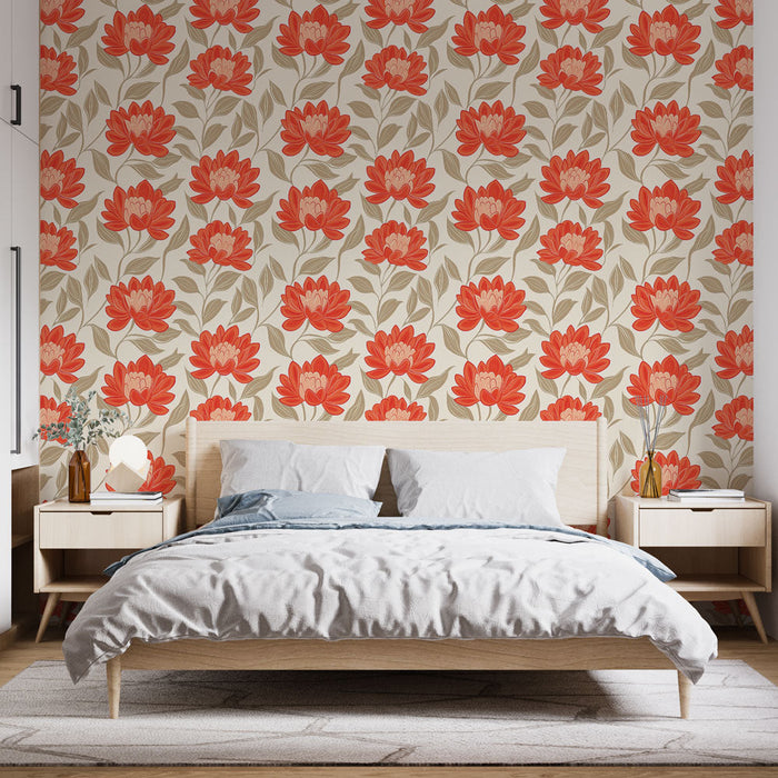Květinový tapetový obraz | Vzor červeného lotosového květu na béžovém pozadí