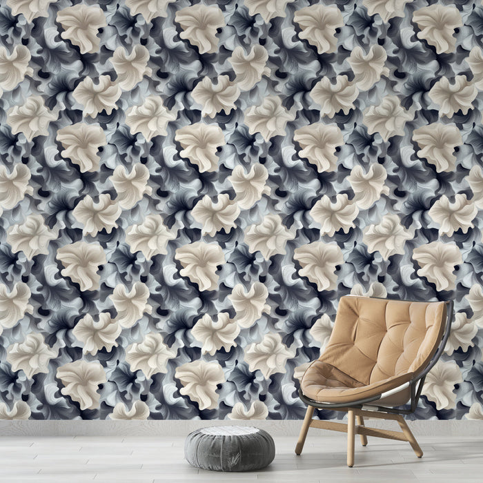 Carta da parati murale floreale | Motivo floreale delicato nei toni blu, crema e grigio