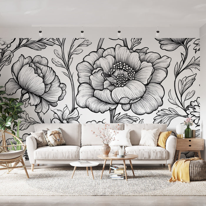 Tapeet | Õrn must-valge lilleline muster