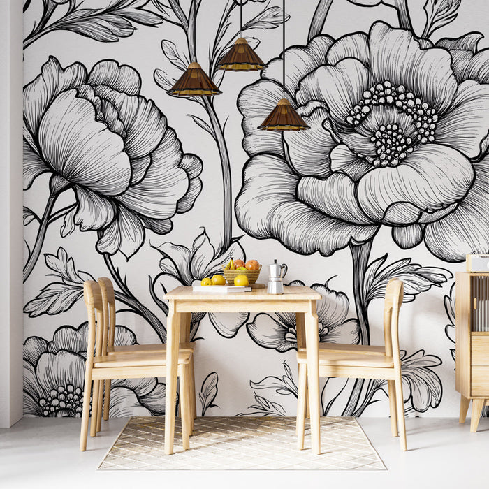 Mural Wallpaper floral | Pattern of delicate flowers in black and white