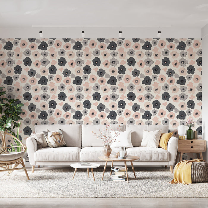 Mural Wallpaper floral | Delicate flower pattern in pink and gray on a cream background