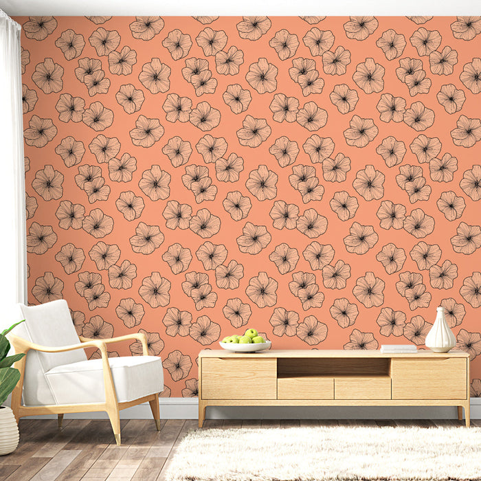 Tapete Blumenmuster | Zartes Blumenmotiv auf korallenrotem Hintergrund