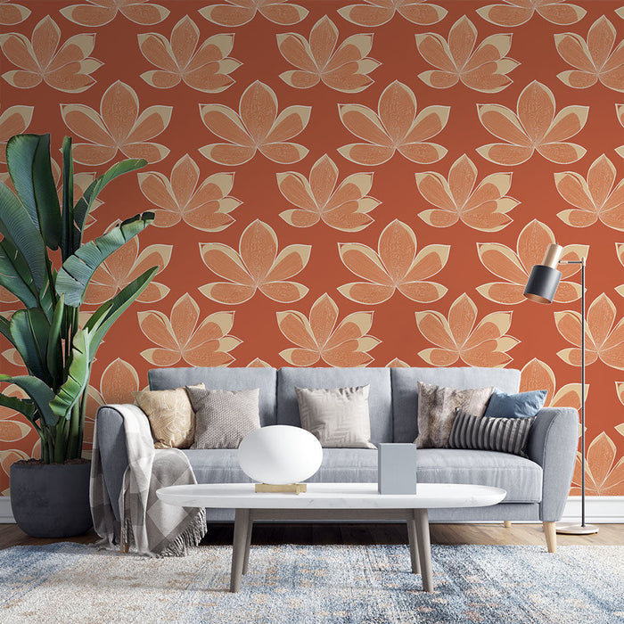 Mural Wallpaper floral | Delicate flower motif on terracotta red background