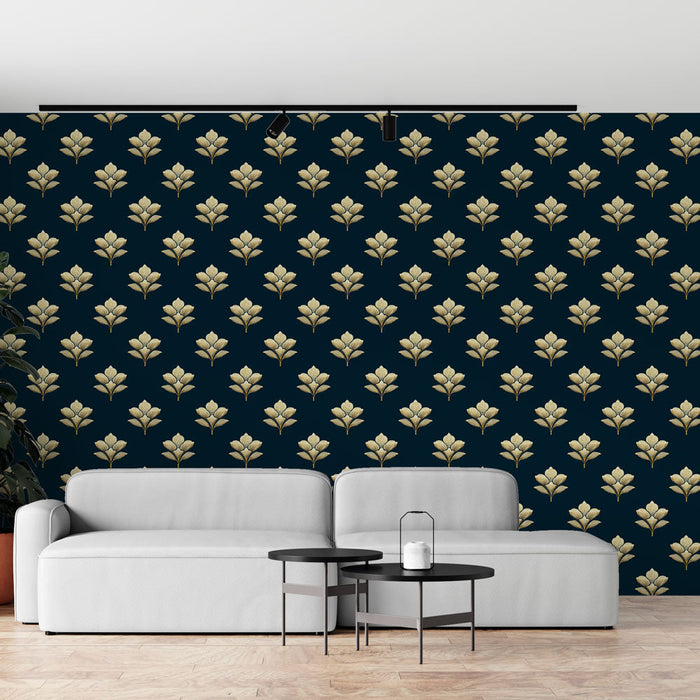 Tapete floral | Motiv goldener Blumen auf dunkelblauem Hintergrund
