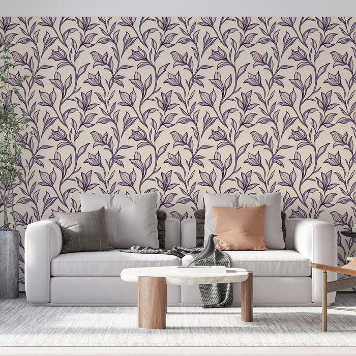 Floral Mural Wallpaper | Pattern of purple flowers and leaves on a light background