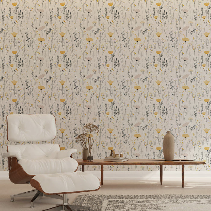 Floral Wallpaper | Yellow and Grey Flower Pattern on White Background
