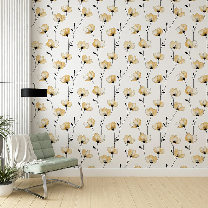 Fototapet blomstret | Gult blomstermønster på hvid baggrund