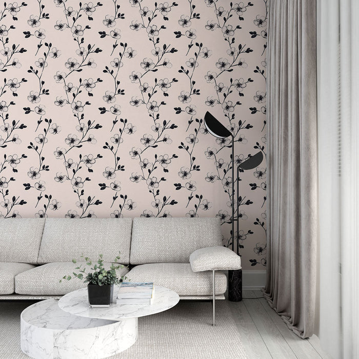 Florální tapeta | Černý květinový vzor na krémovém pozadí
