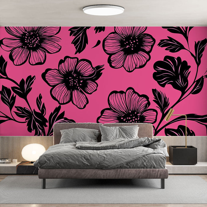 Mural Wallpaper floral | Black flower pattern on bright pink background