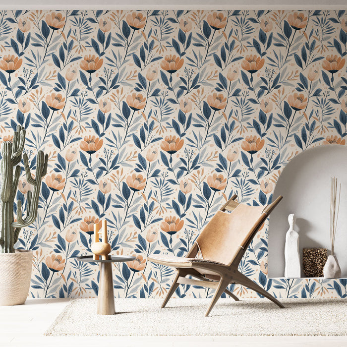 Fotótapéta virágos | Narancsszín virágminta és sötétkék lombú