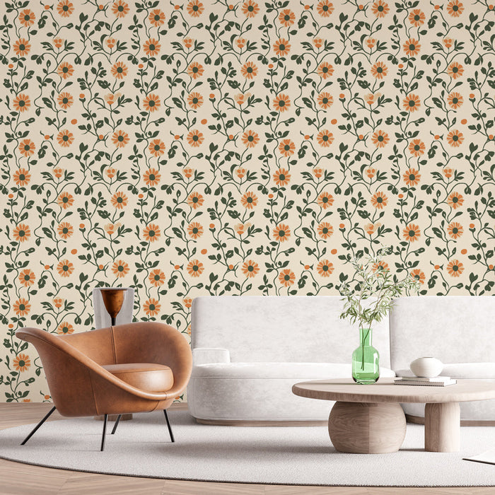 Floral Mural Wallpaper | Πορτοκαλί μοτίβο λουλουδιών και πράσινα φύλλα σε κρεμαστό φόντο