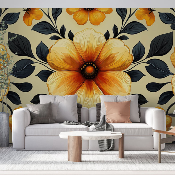 Mural Wallpaper floral | Pattern of orange and black flowers on a light background