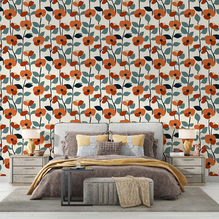 Florální tapeta | Oranžový květ a elegantní listový vzor