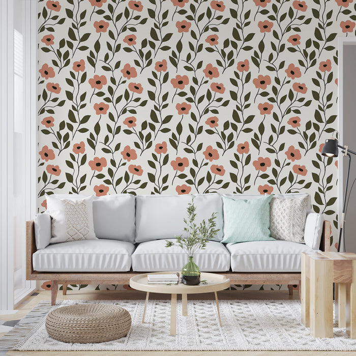 Papel de parede floral | Padrão de flores rosa e folhagem verde em fundo creme