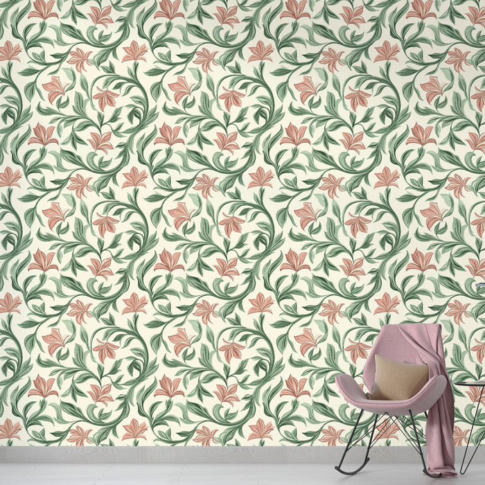 Ταπετσαρία με τοιχογραφία | Ροζ Λουλούδι και Πράσινα Φύλλα Μοτίβο