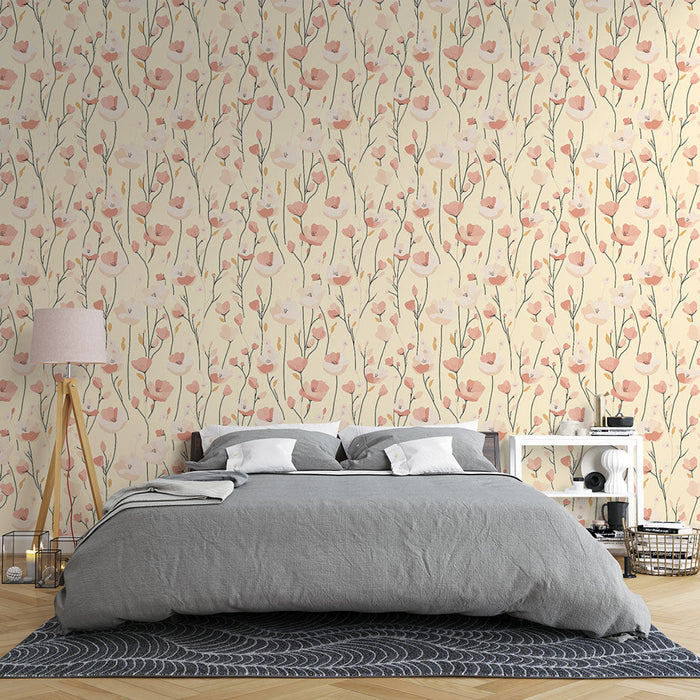 Cvjetni zidni tapet | Ružičasti uzorak cvijeta na bež pozadini