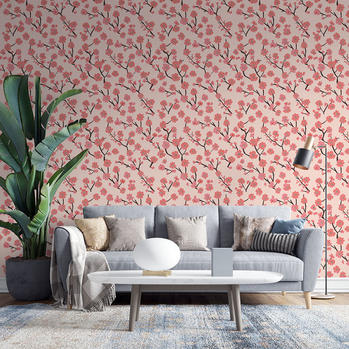 Tapet mural floral | Motiv de flori roz pe fund pal