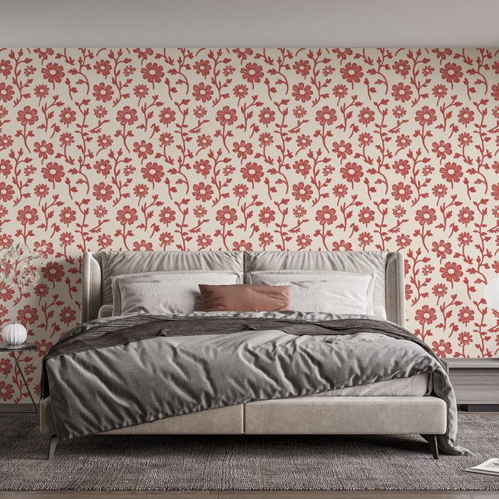 Floral Mural Wallpaper | Red flower pattern on cream background