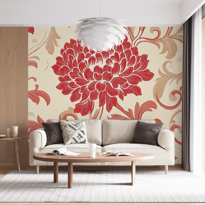 Seinatapeet | Punaste lillede muster kreemjal taustal
