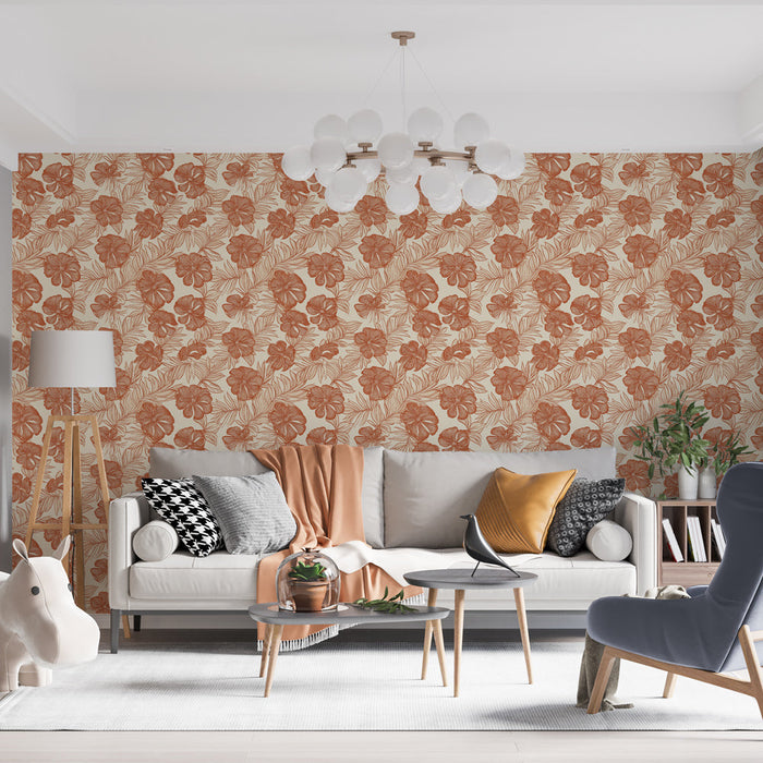 Florální tapeta | Rustikální květinový motiv v okrových odstínech na krémovém pozadí