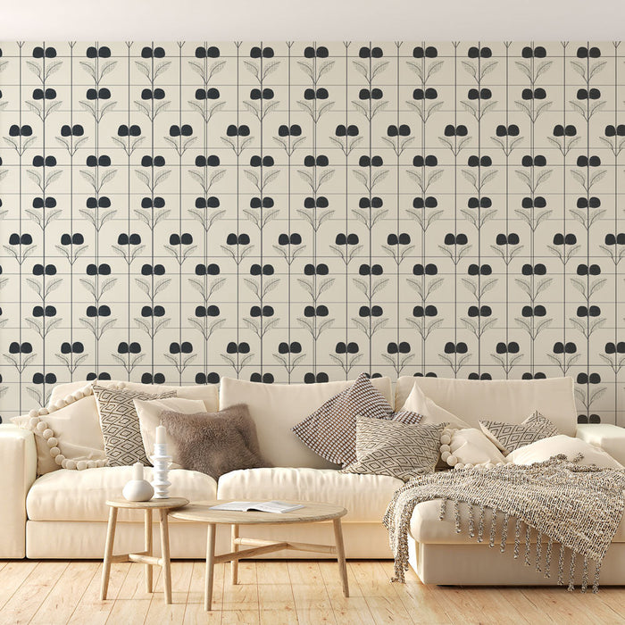 Fototapet blommig | Stiliserat svartvitt blommönster