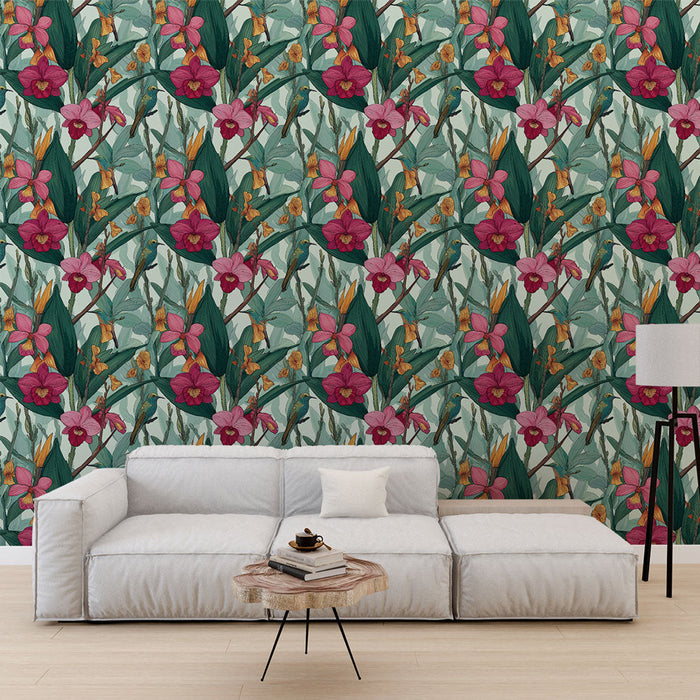 Floral Mural Wallpaper | Tropical Flower and Lush Leaf Pattern