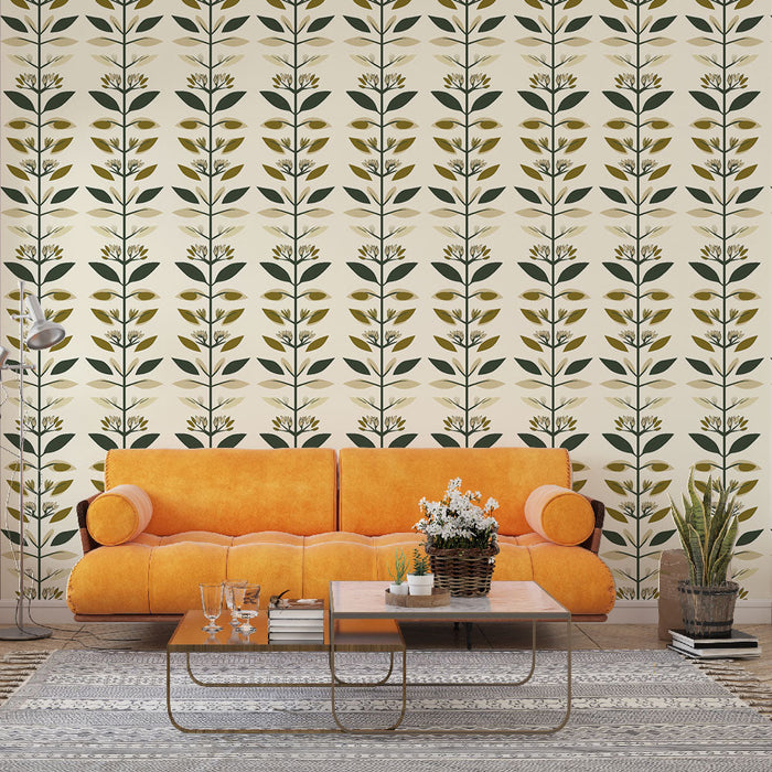 Papel de parede floral | Padrão de caule de flor verde e dourado