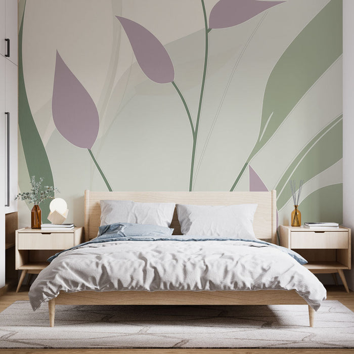Tapeta kwiatowa | Delikatny wzór liści i pąków w pastelowych odcieniach