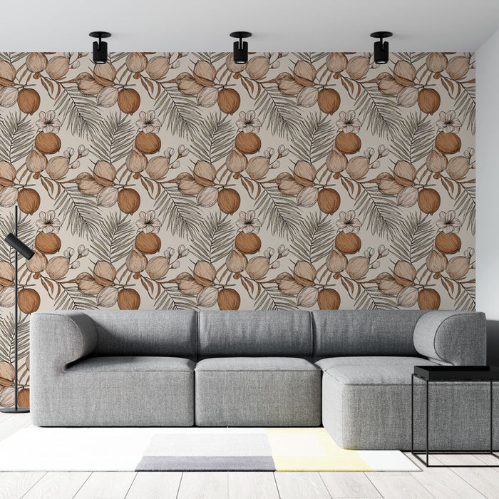 Mural Wallpaper floral | Delicate pattern of leaves and fruits in earthy tones