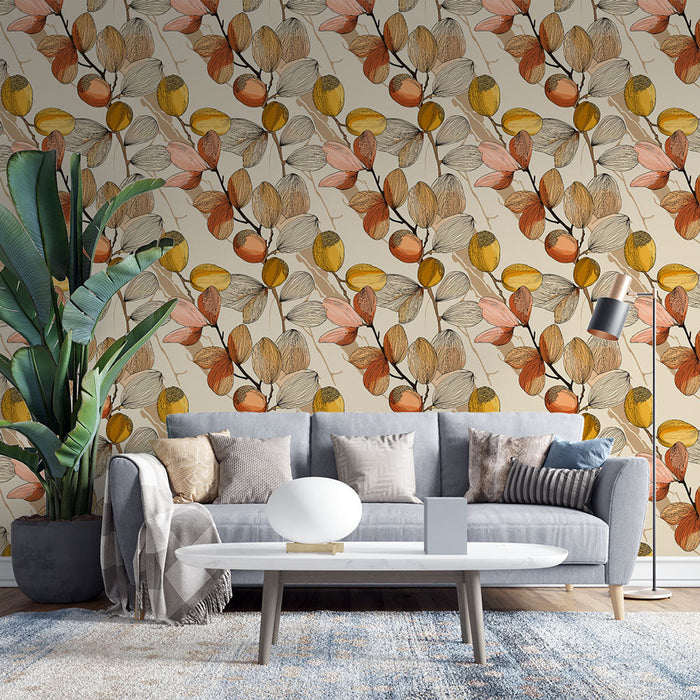 Tapeta ścienna kwiatowa | Delikatny wzór liści i owoców w ciepłych tonacjach