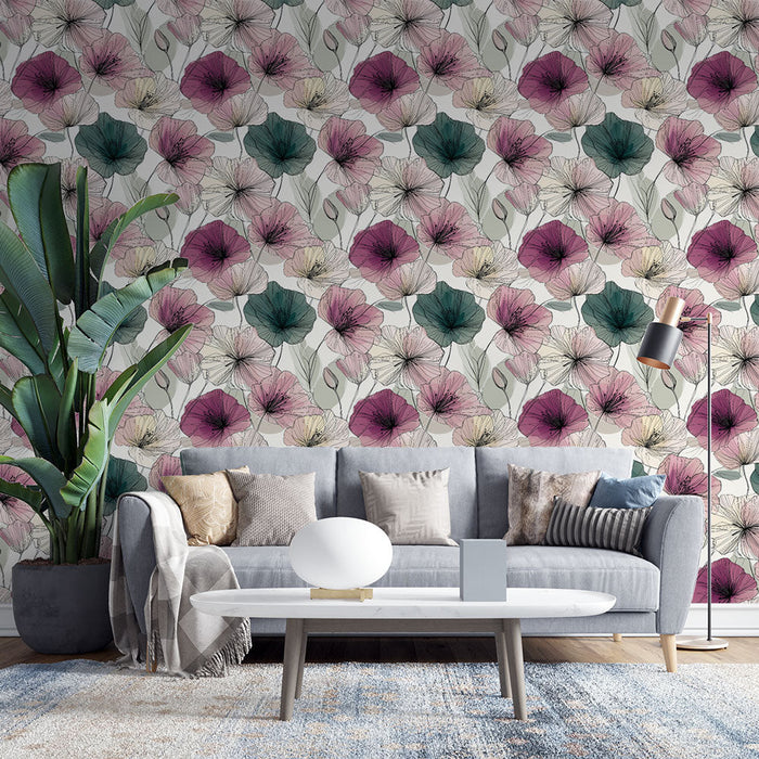 Mural Wallpaper floral | Delicate motif of flowers in pastel shades and subtle foliage
